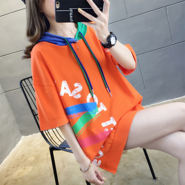 MY2904#夏季韩版宽松印花字母拼接拼色连帽大码女装短袖T恤女