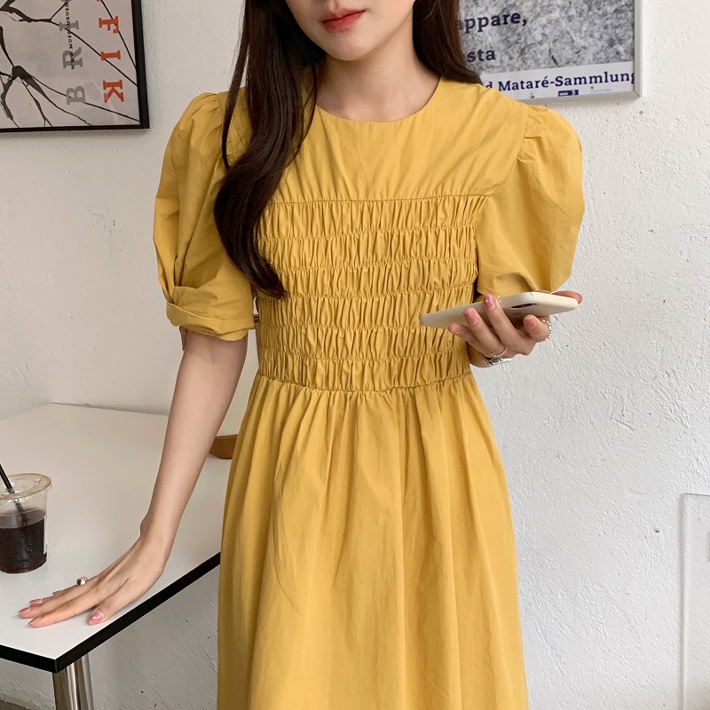 New Korean Fashion One Piece Women S Dress 21 Summer Elegant French Gentle O Neck Pleated Design Puff Sleeve Dress Midi Dress Dresses Aliexpress