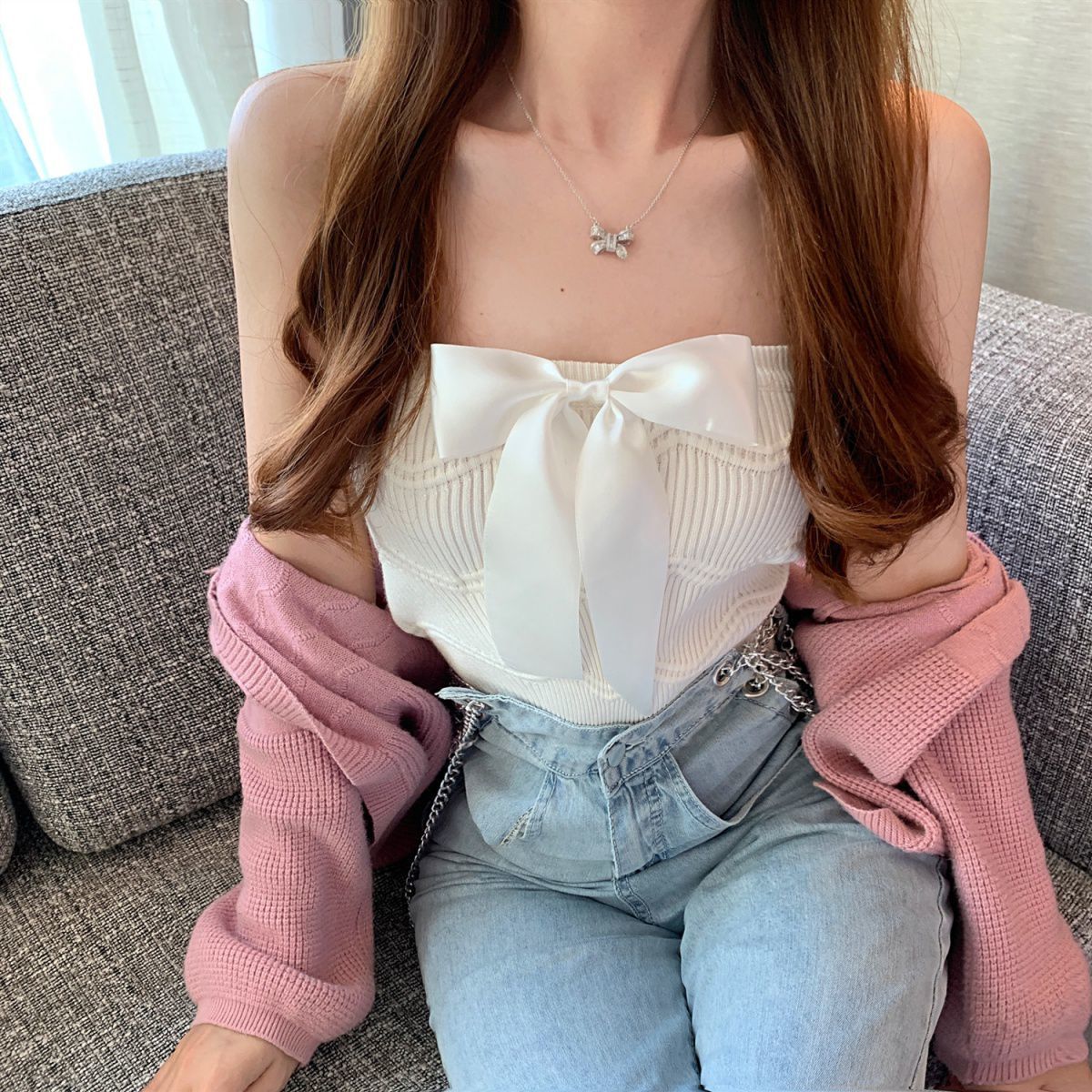 抹胸内搭早春新款女装名媛茶艺甜美蝴蝶结裹胸外穿针织上衣