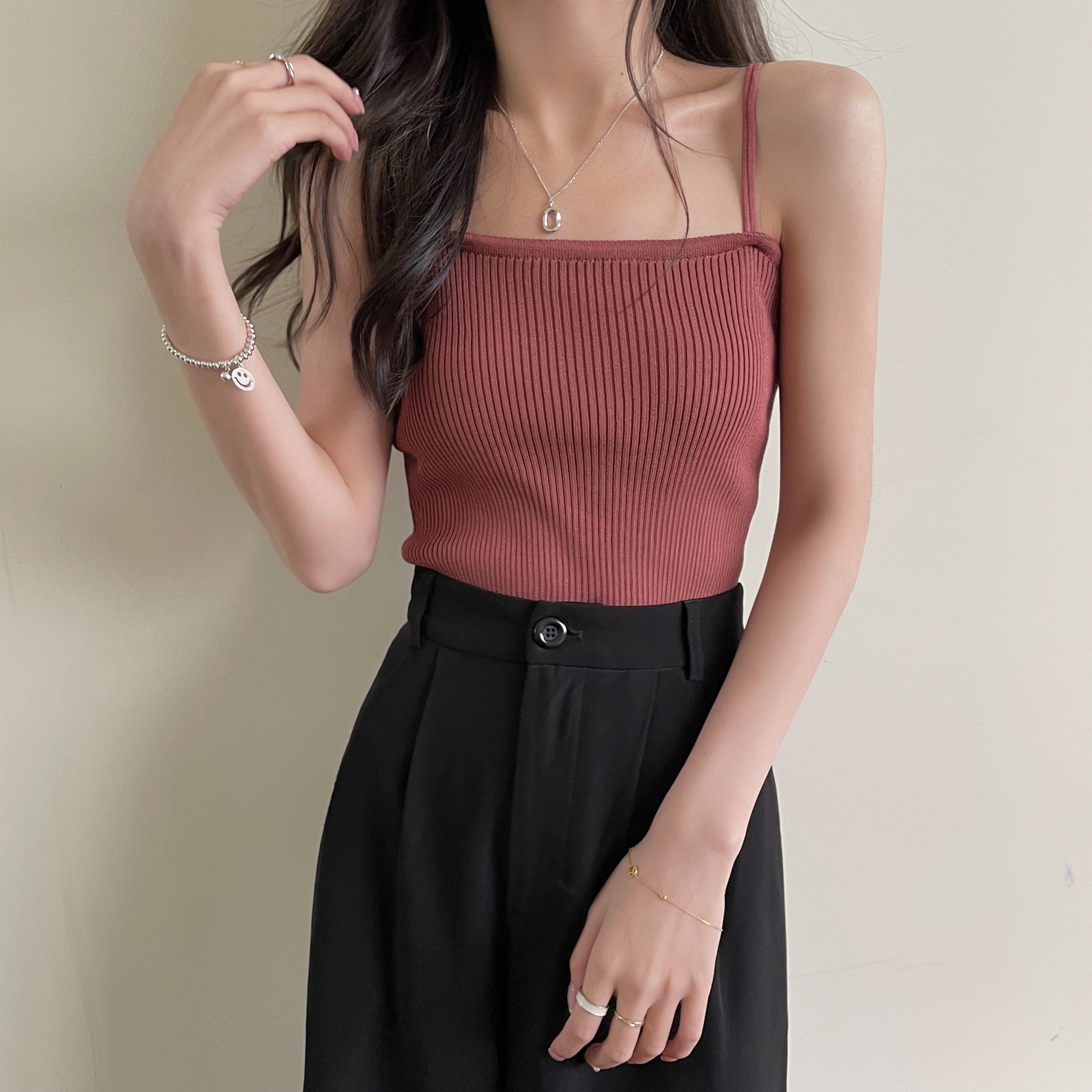 实拍实价~控3 韩版新款修身百搭显瘦双肩带针织吊带小背心女-咪路milu