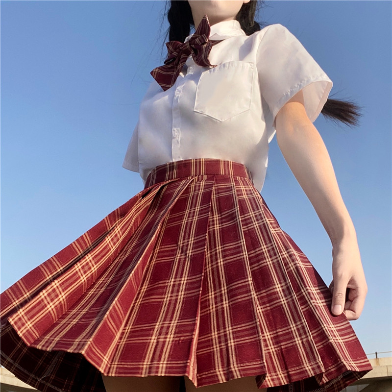 实拍彩虹研究所苋红正统jk制服裙格子裙日系学生深红色酒红百褶裙