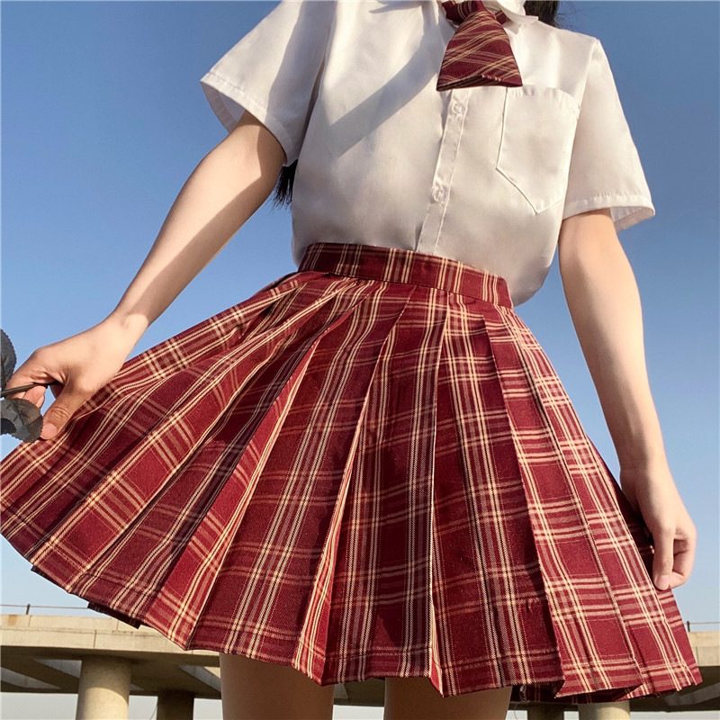 实拍彩虹研究所苋红正统jk制服裙格子裙日系学生深红色酒红百褶裙