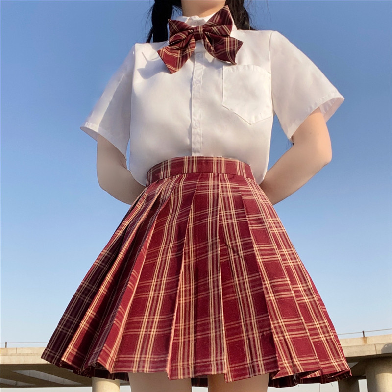 实拍彩虹研究所苋红正统jk制服裙格子裙日系学生深红色酒红百褶裙