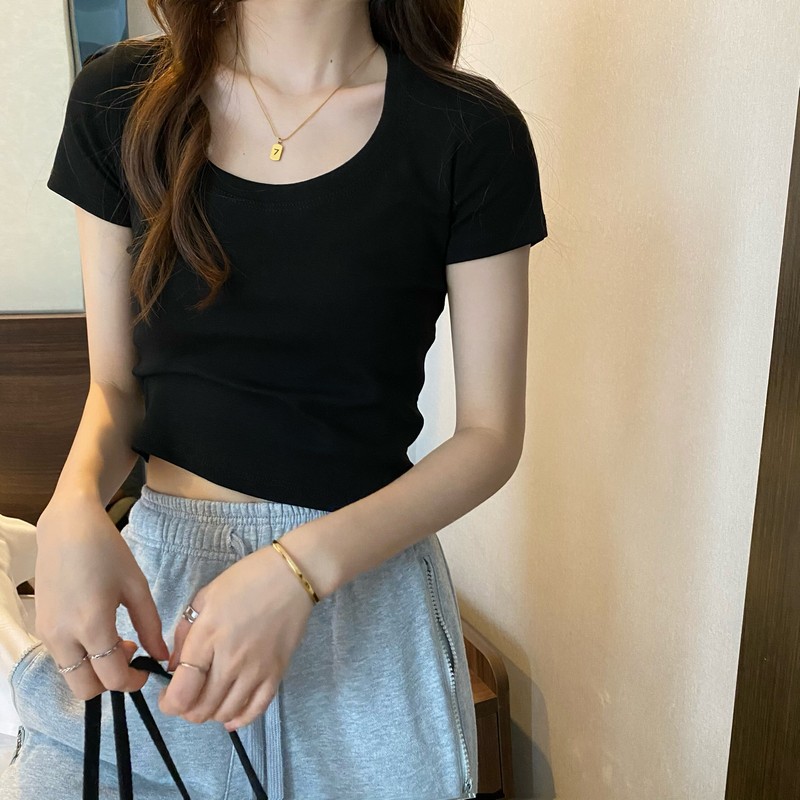 实价实拍 新款u型领显锁骨显瘦修身百搭短款上衣