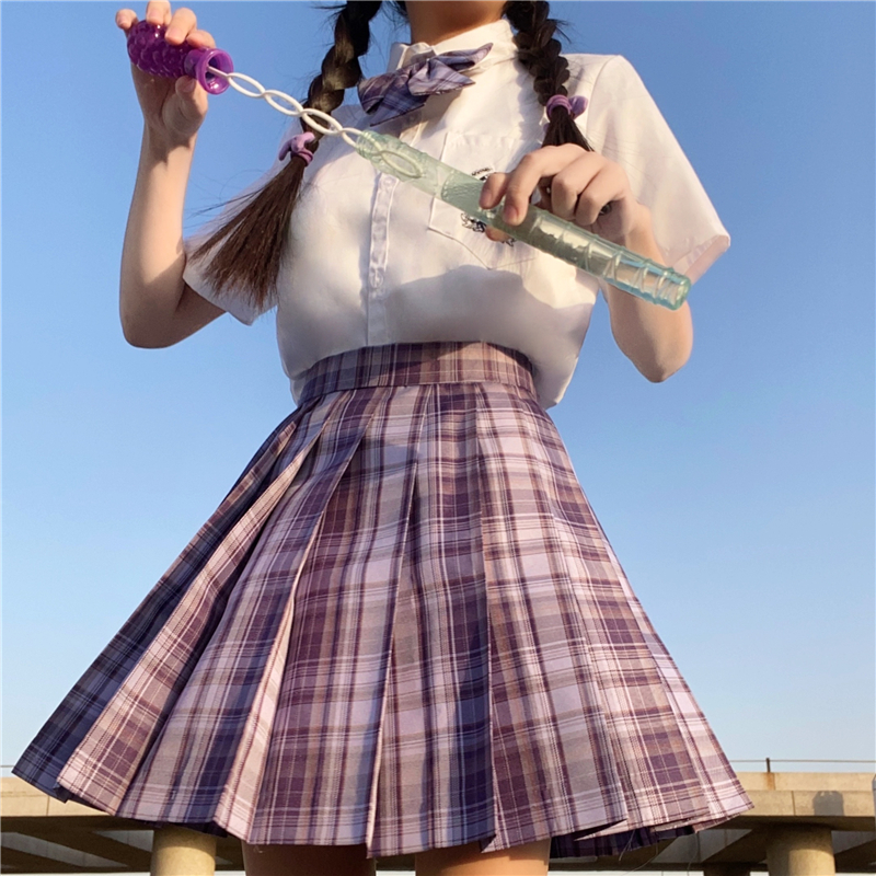 实拍葡萄汽水jk制服裙正版啦啦酱紫色格裙软妹百搭高腰学生百褶裙