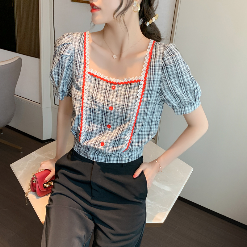实拍格子衬衫女2021夏季新款韩版甜美泡泡袖显瘦短款方领雪纺衫