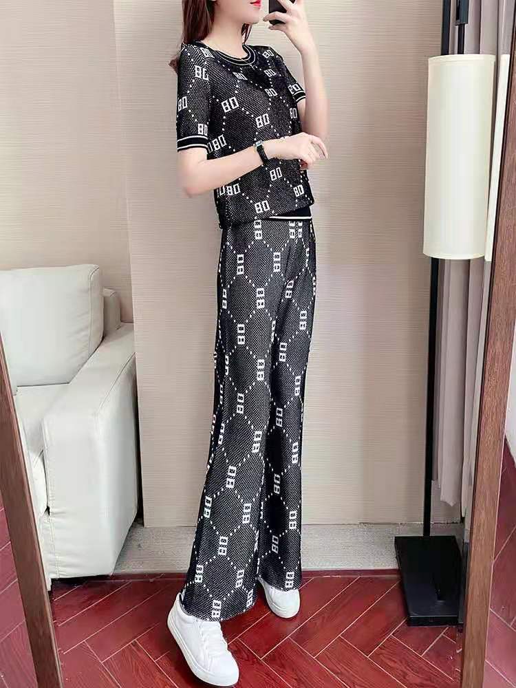 时尚阔腿裤套装女2021新款女士夏季冰丝洋气运动服休闲两件套