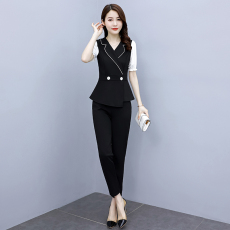 批发洋气职业套装<b class='q'>女</b>夏装新款气质显瘦西装领上衣小脚裤两件套装潮