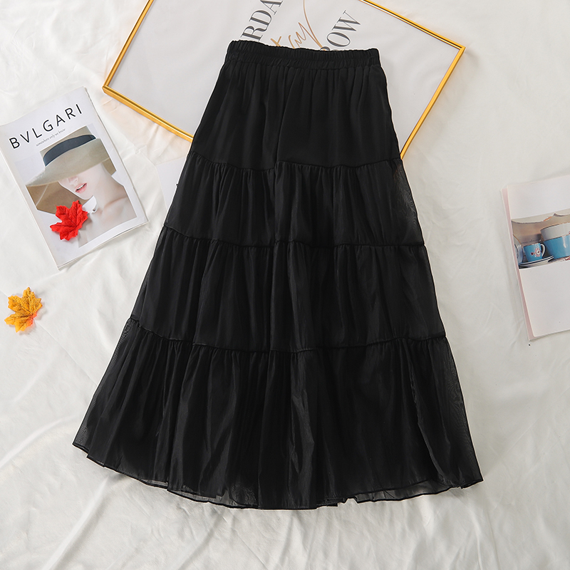 超仙气质显瘦仙女裙高腰雪纺百褶蛋糕裙网纱半身裙中长款