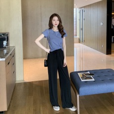 夏季新款亮片网红T恤搭高腰阔腿长裤休闲两件套女小个子时尚套装