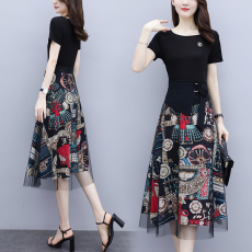 批发2021年新款圆领雪纺网纱连衣裙子女<b class='q'>夏</b>季显瘦气质高端名媛遮肉减龄