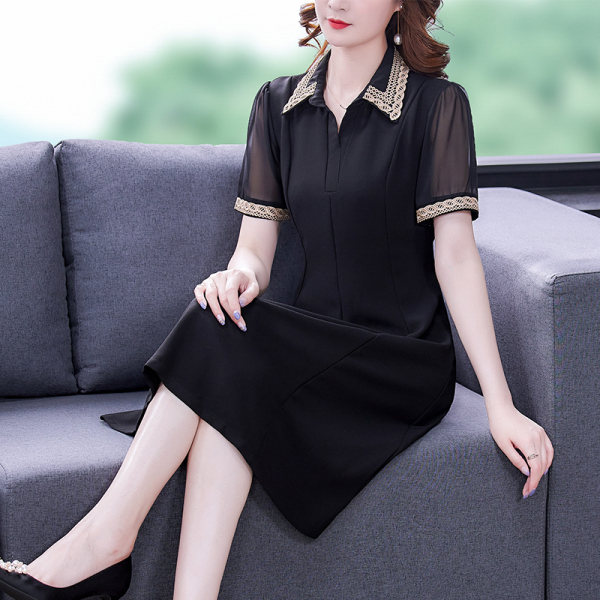 RM8702#女黑色连衣裙女春夏新款收腰显瘦短袖polo领时尚a字裙