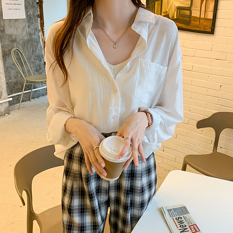 实拍2021夏季新款韩版百搭宽松长袖防晒衬衫女上衣夏季外搭空调衫
