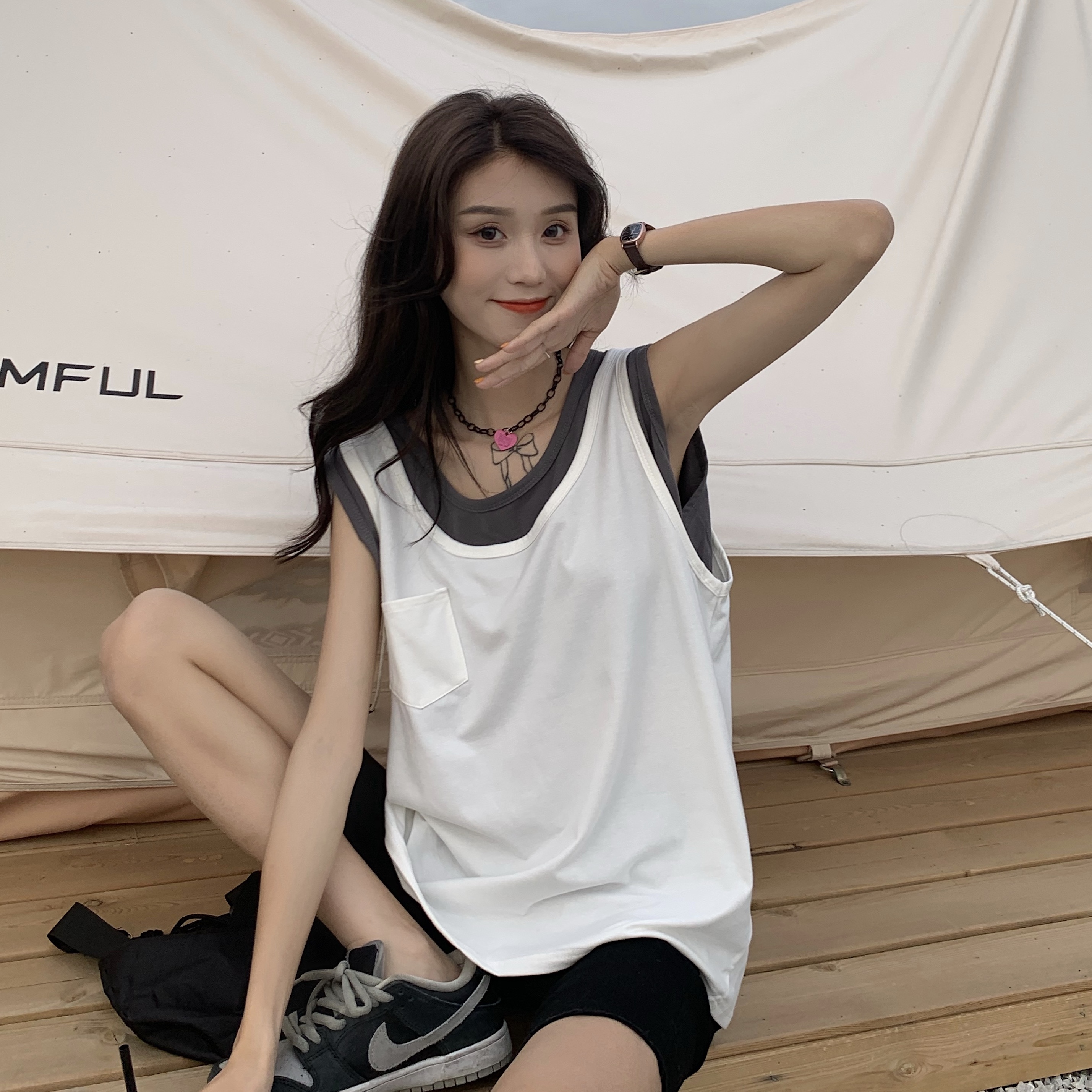 实拍 夏季新款假两件宽松背心无袖t恤女