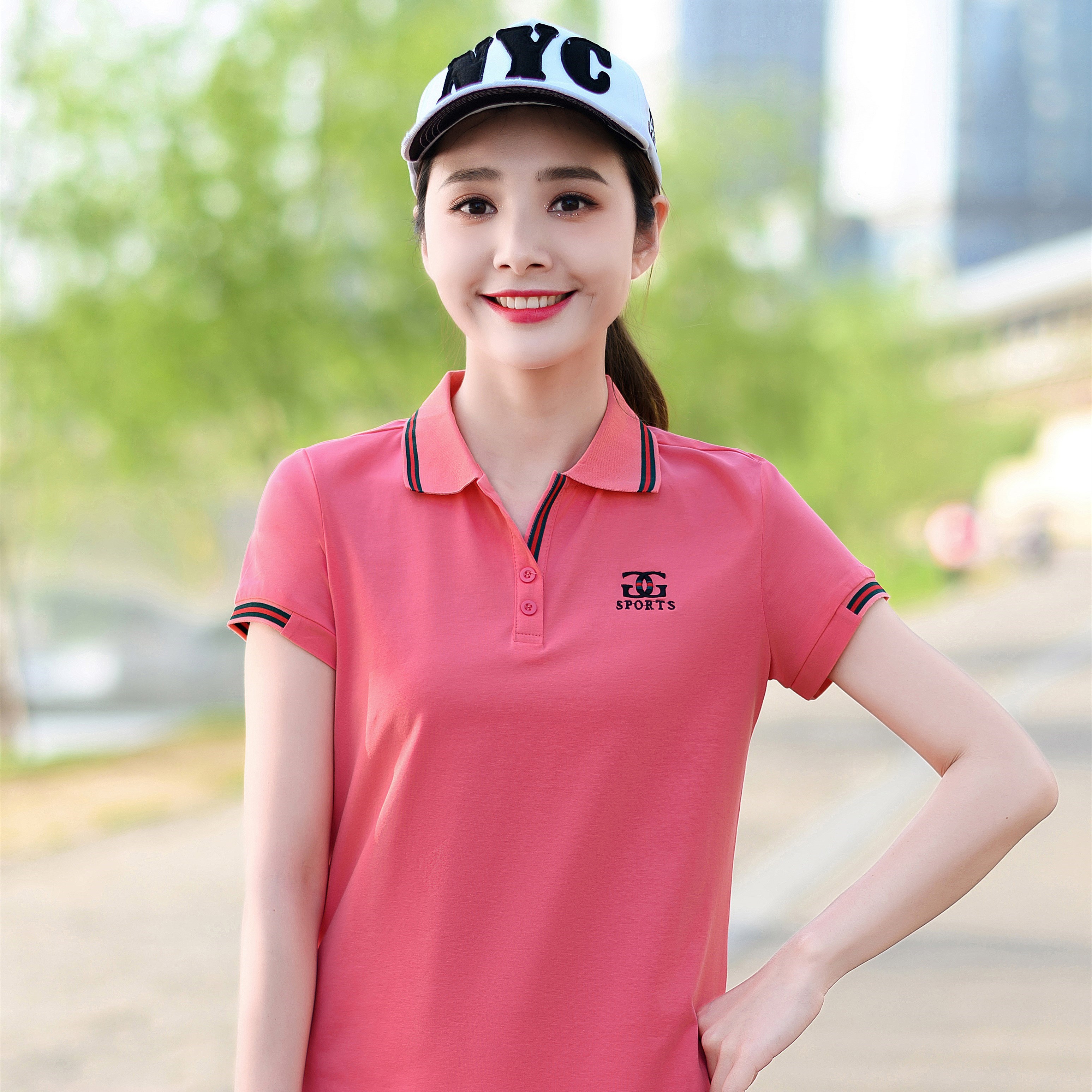 2021新款polo衫女翻领纯棉针织有领大码春秋女士带领t恤短袖夏季