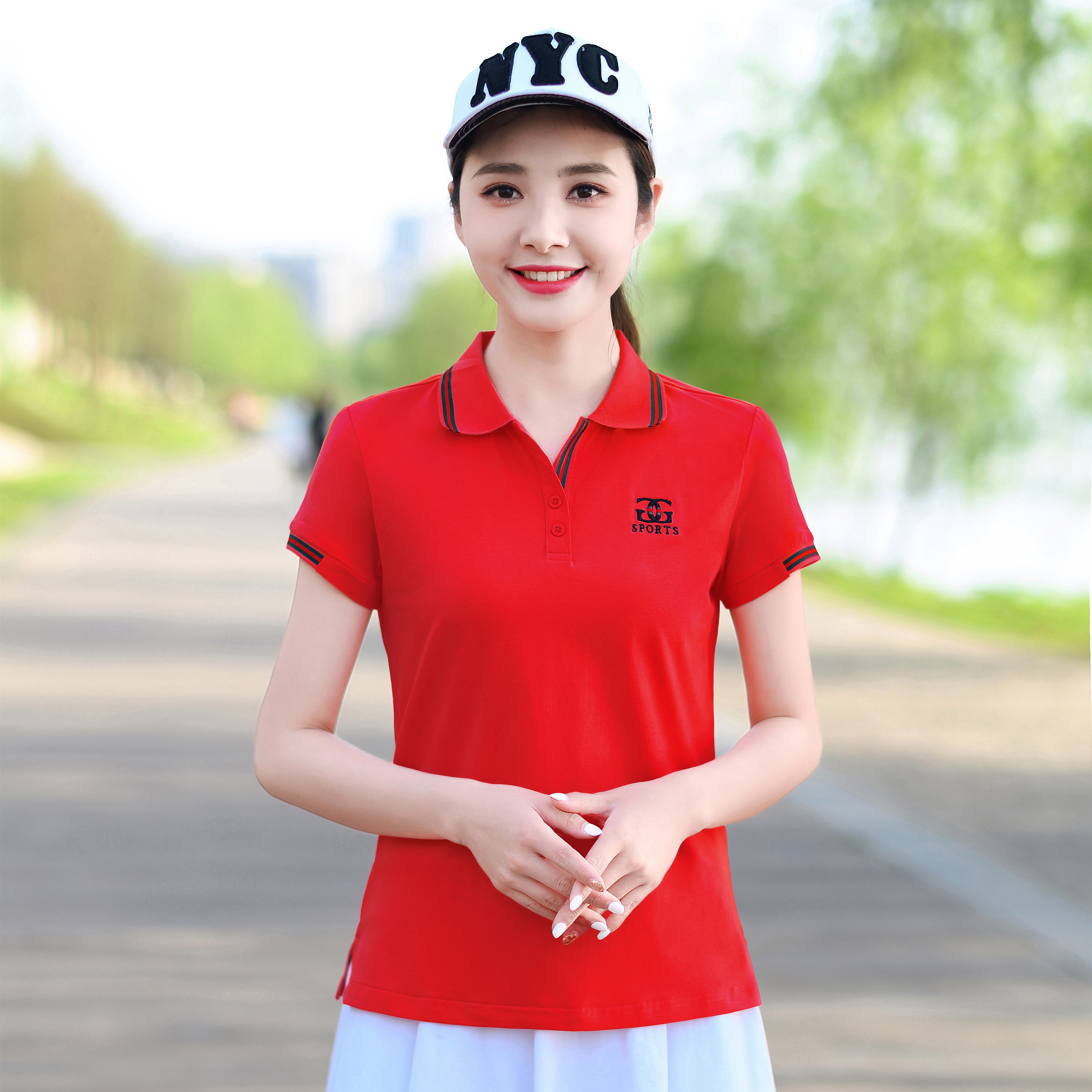 2021新款polo衫女翻领纯棉针织有领大码春秋女士带领t恤短袖夏季