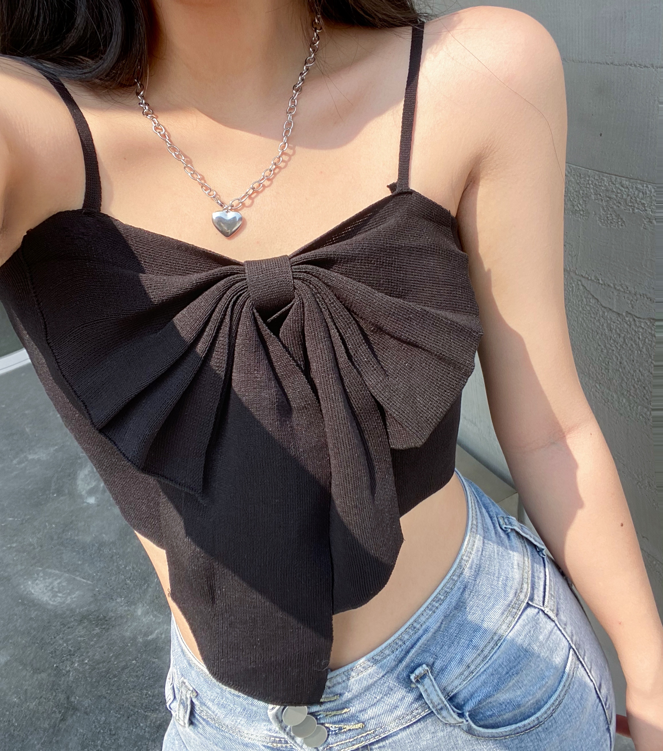 实拍吊带小背心女春夏季法式蝴蝶结短款性感无袖外穿内搭打底上衣