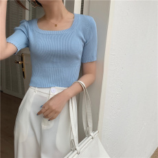 实拍~2021新款网红泫雅bm风ins超火短款上衣针织方领短袖T恤女