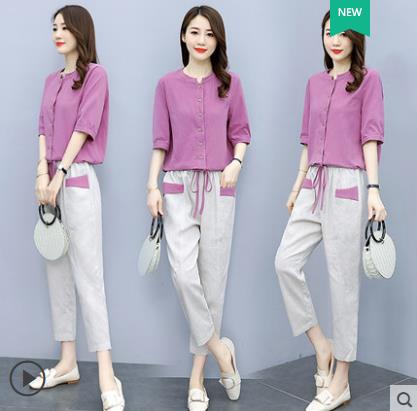 면 린넨 캐주얼 세트 여성 여름 고급 센스 품격 슬림해 보이는 작은 키 외국 가스 연령 감소 아마 패션 투피스 세트