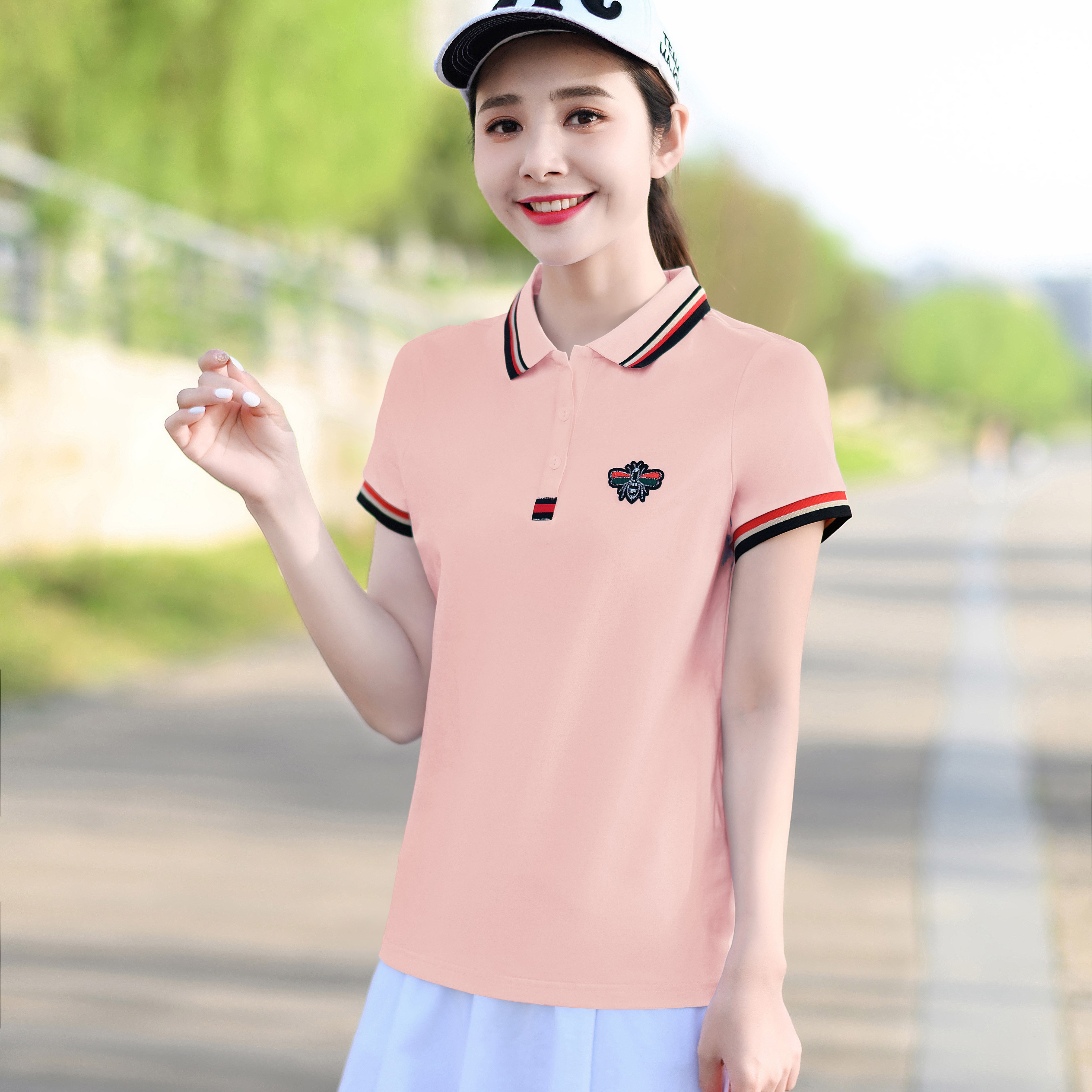 有领t恤女短袖2021夏季新款休闲翻领半袖体恤运动绿色polo衫上衣