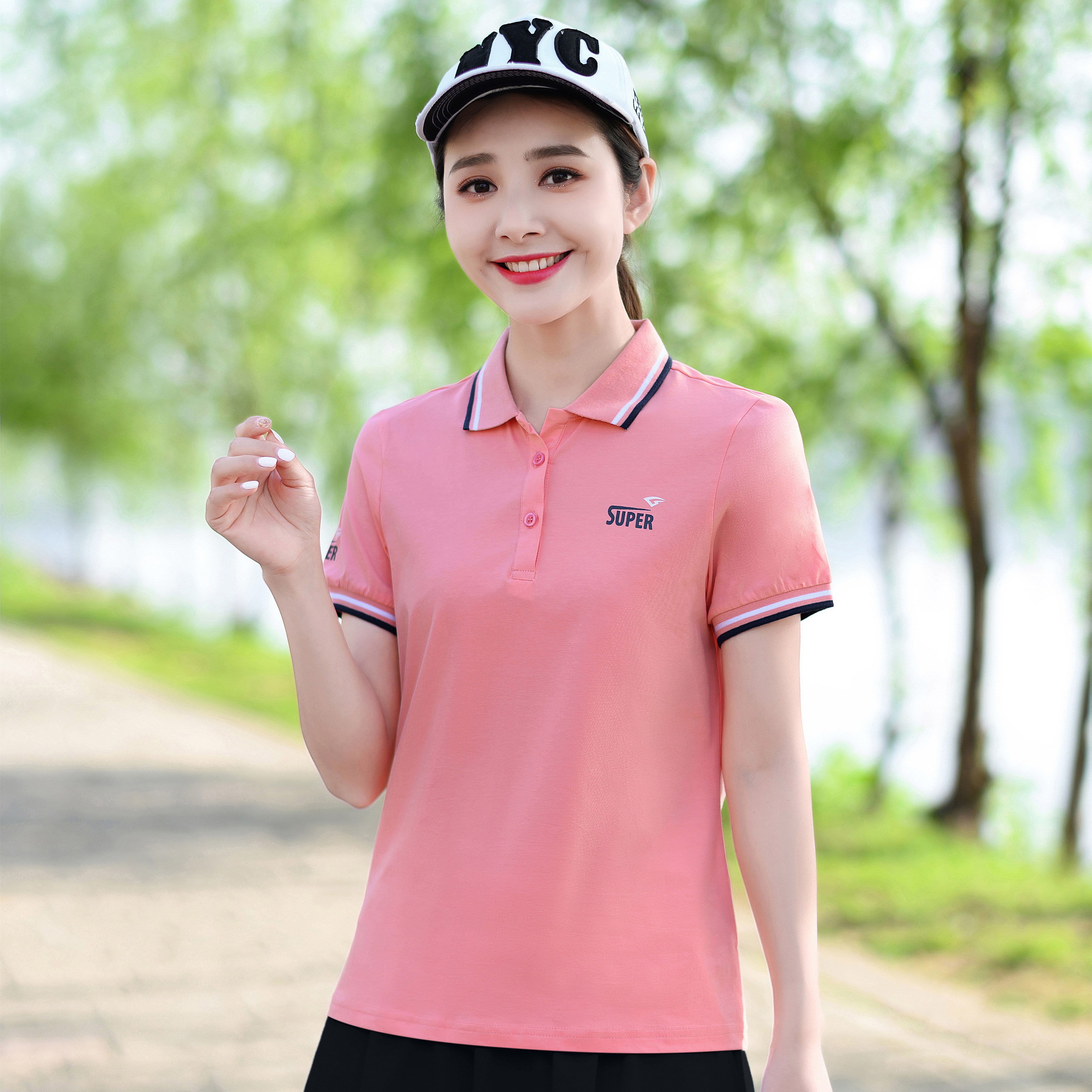 纯棉翻领短袖女2021新款夏季女装带领t恤宽松大码女士运动polo衫