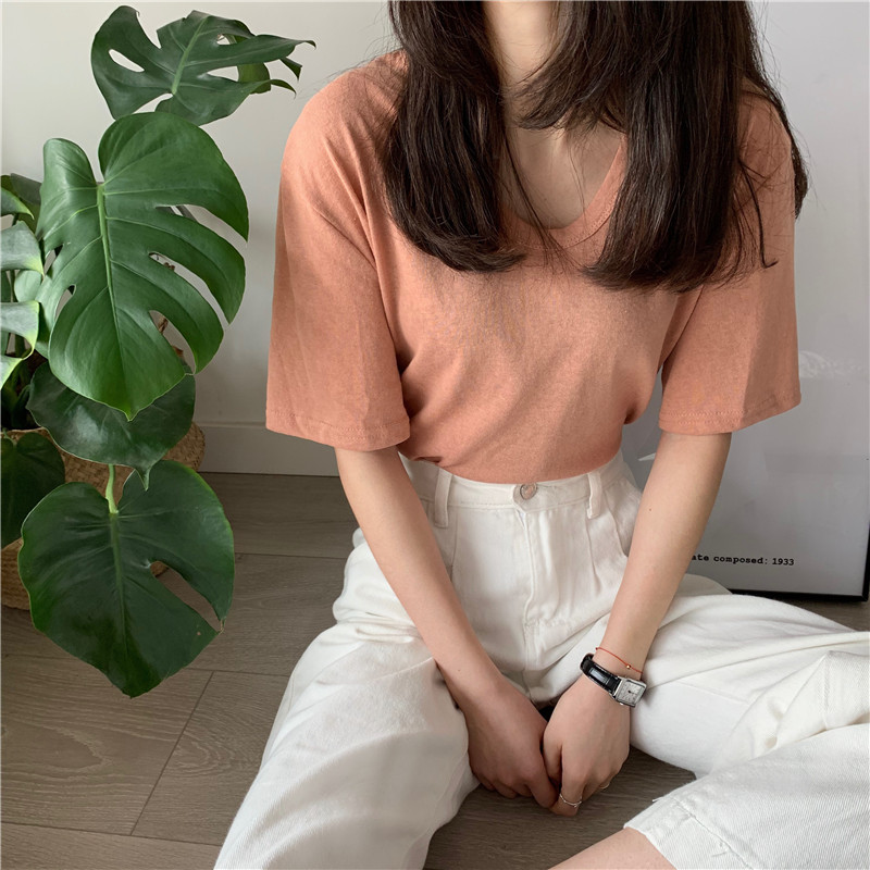 Real shot and real price~Summer new solid color bamboo cotton simple round neck short-sleeved T-shirt versatile and breathable 5 colors