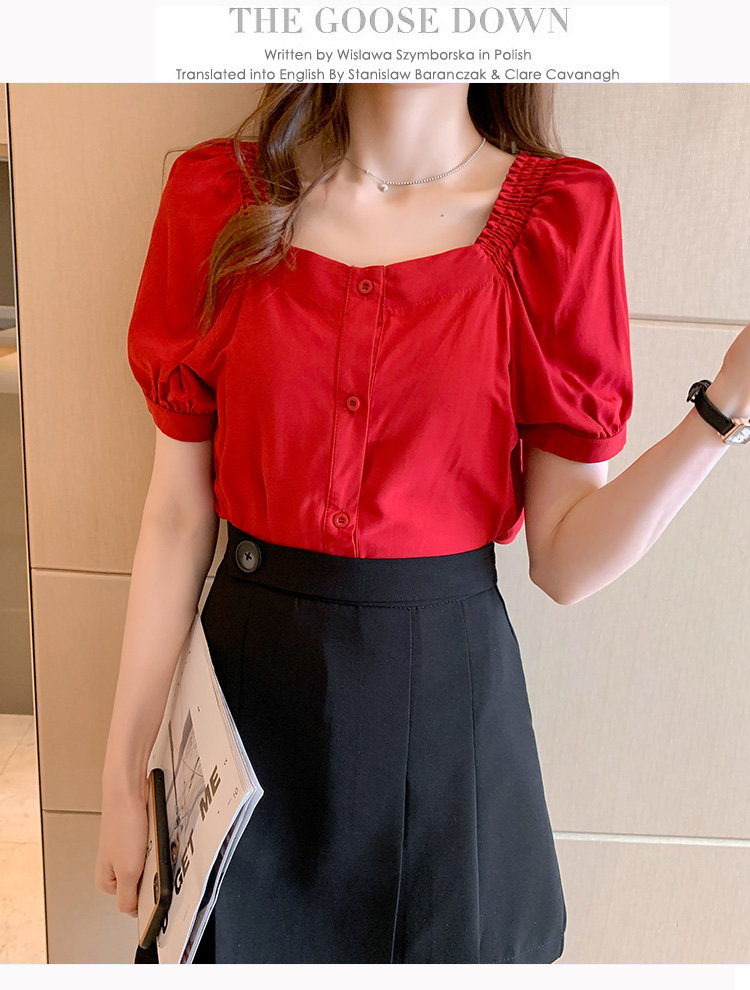红色短袖衬衫女设计感小众薄款方领小衫气质夏季短款泡泡袖上衣服