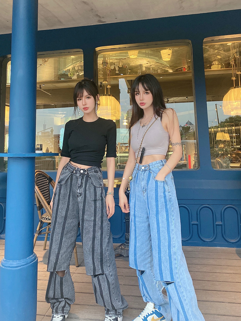 实拍网红闺蜜装炸街韩版高腰可调节宽松阔腿乞丐潮破洞老爹裤港风