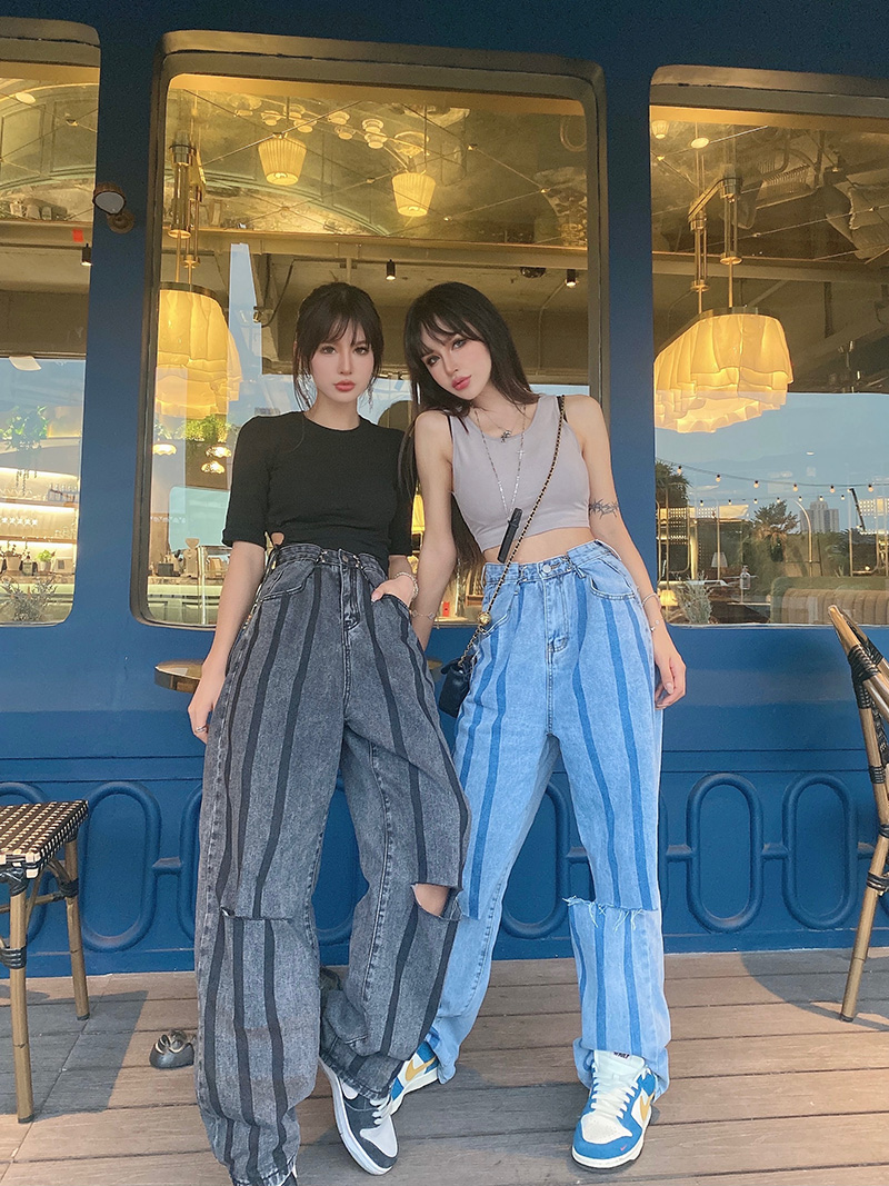 实拍网红闺蜜装炸街韩版高腰可调节宽松阔腿乞丐潮破洞老爹裤港风