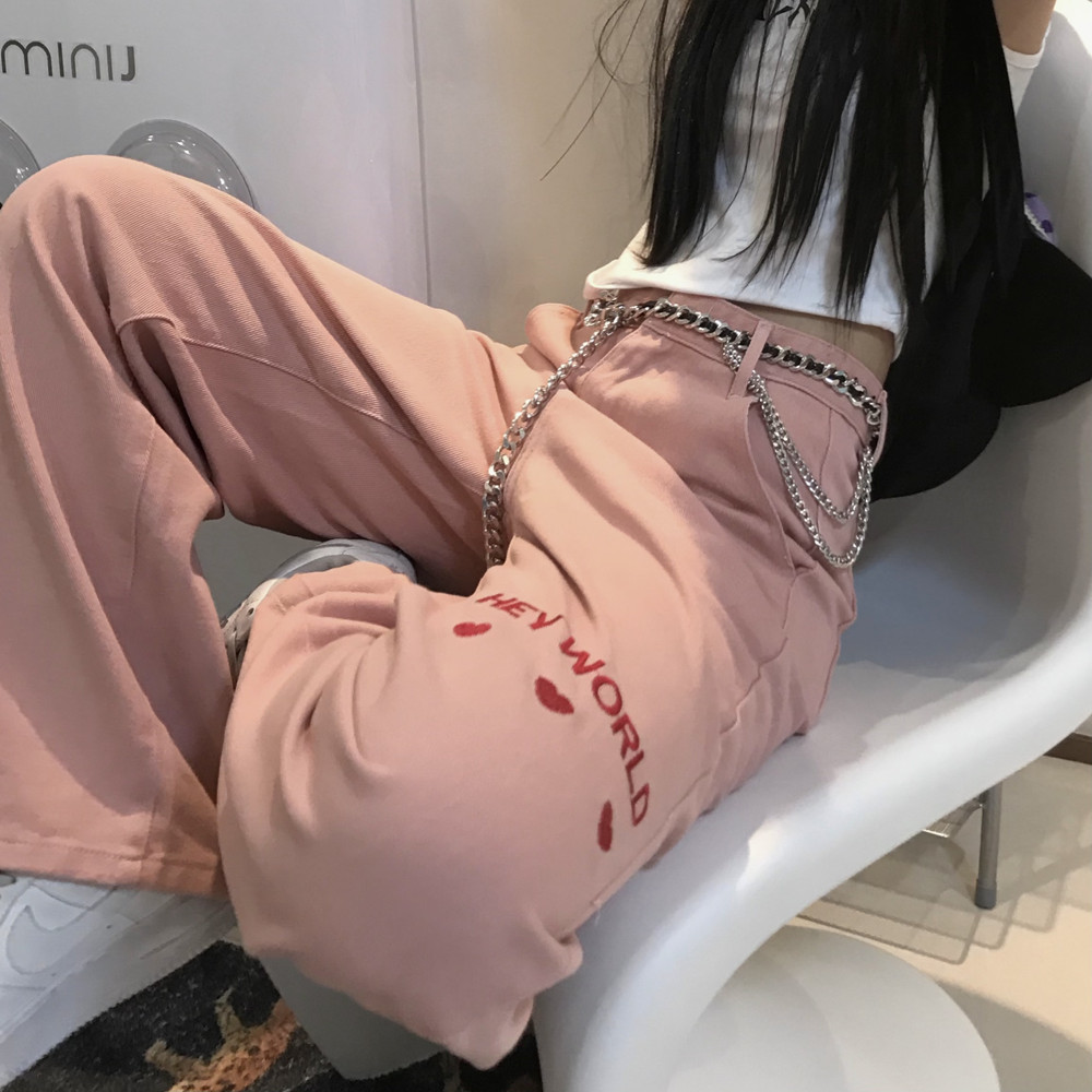 控 3实拍实价原宿直筒宽松粉色爱心刺绣牛仔裤高腰显瘦阔腿裤