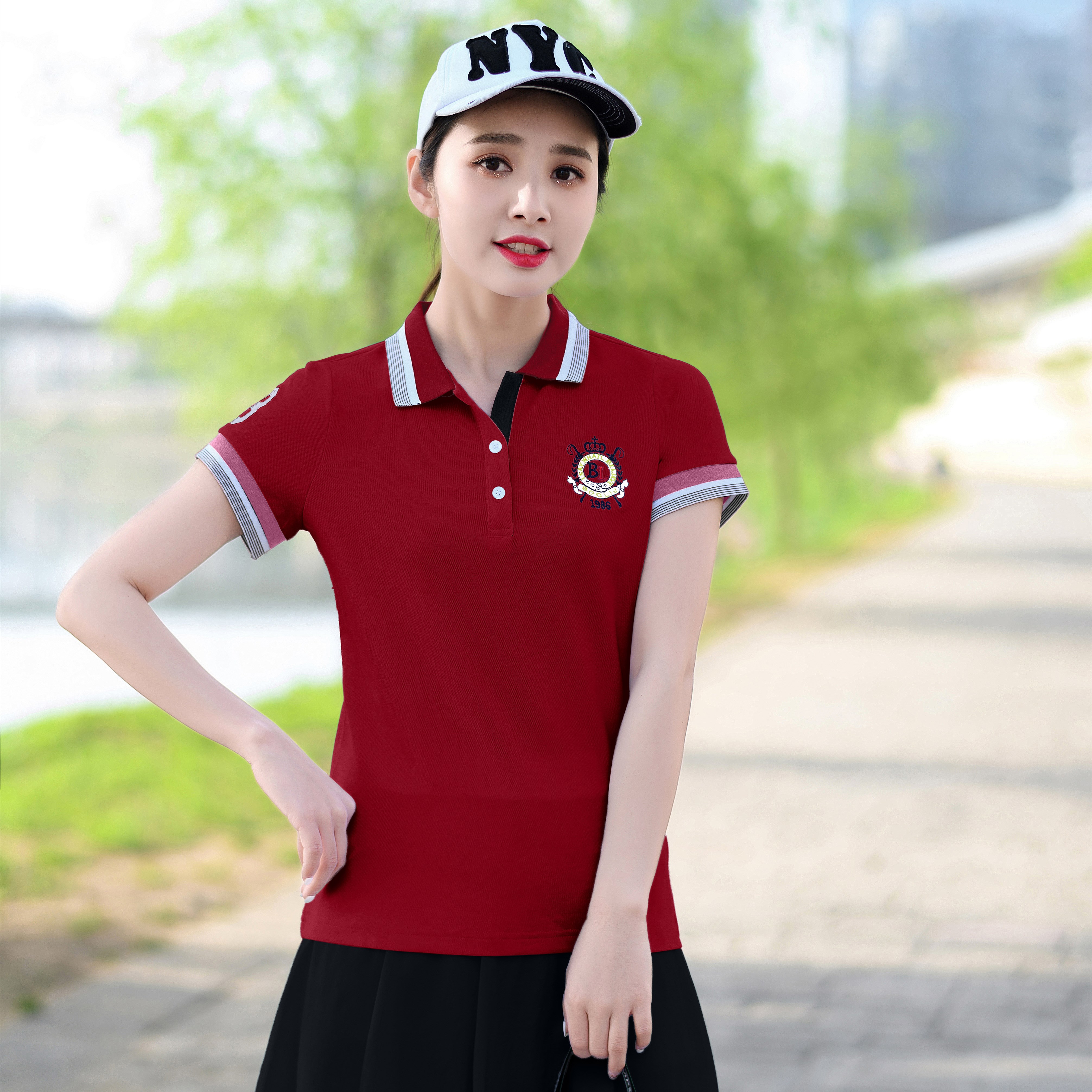 纯棉翻领短袖女2021新款夏季女装带领t恤宽松大码女士运动polo衫