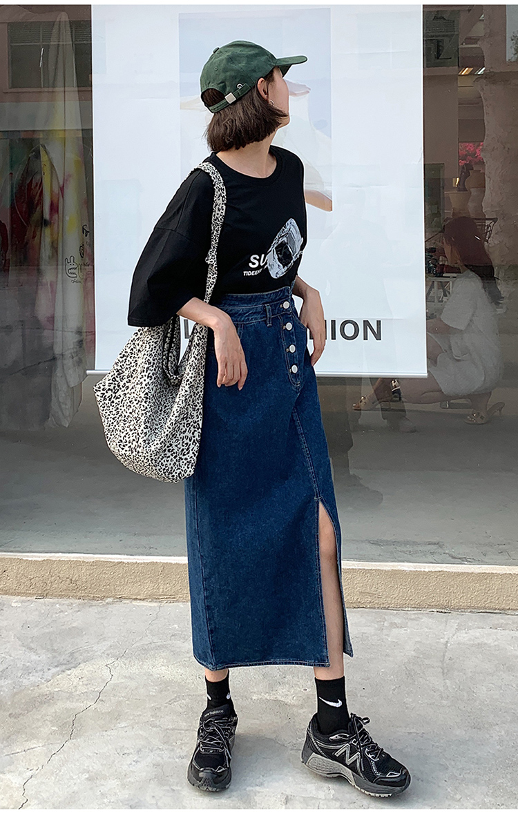 2021牛仔长裙大花媛a字高腰显瘦气质中长款开叉牛仔裙半身裙