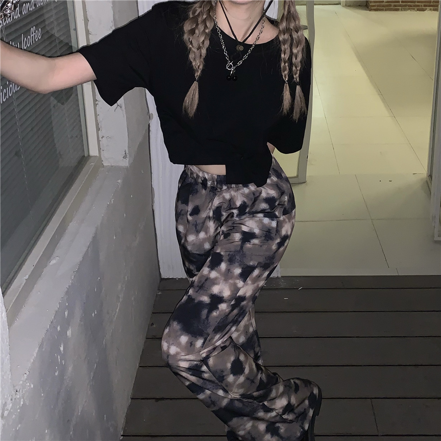 短款显瘦短袖t恤 扎染高腰阔腿薄款休闲裤套装_only one唯衣only6038