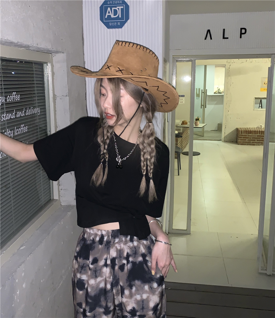 短款显瘦短袖t恤 扎染高腰阔腿薄款休闲裤套装_only one唯衣only6038