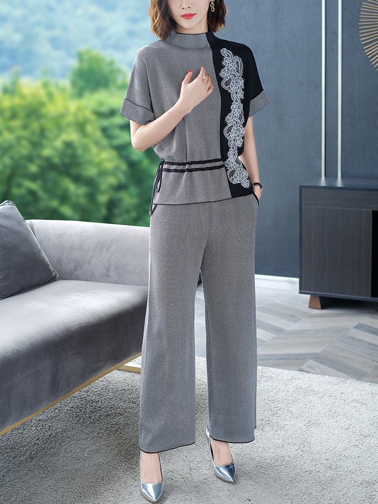 阔腿裤套装女春夏2021运动休闲冰丝短袖薄款显瘦洋气时髦两件套装