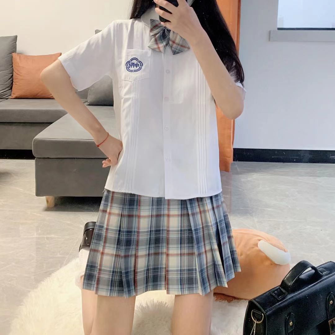 实拍现货 小酸奶格裙附中短袖衬衣jk套装