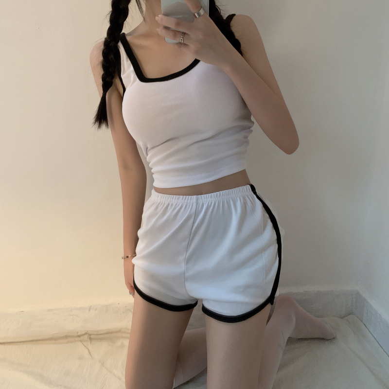 实拍实价 韩版活力运动撞色背心短裤套装活力短款上衣显瘦热裤