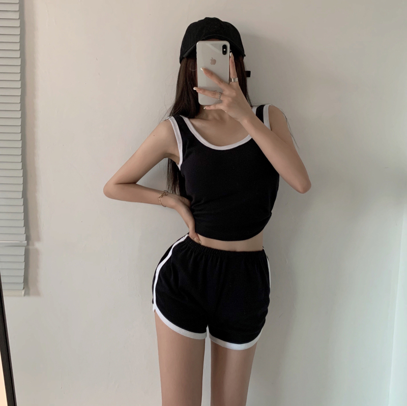实拍实价 韩版活力运动撞色背心短裤套装活力短款上衣显瘦热裤