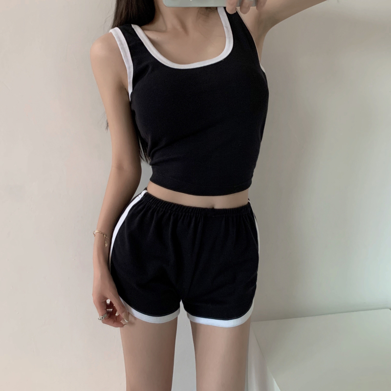 实拍实价 韩版活力运动撞色背心短裤套装活力短款上衣显瘦热裤