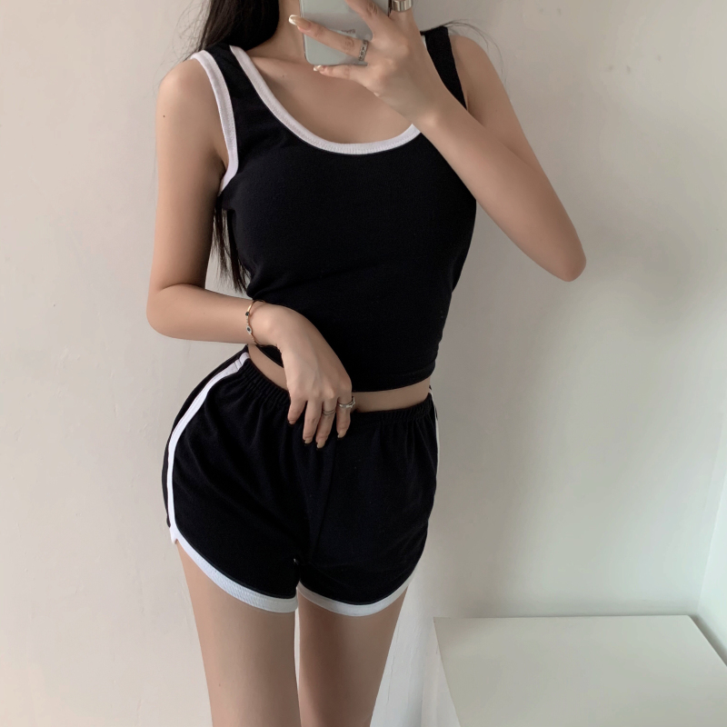实拍实价 韩版活力运动撞色背心短裤套装活力短款上衣显瘦热裤