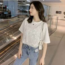 现货 亮片拼接假两件短袖t恤女夏季新款韩版亮闪闪宽松上衣