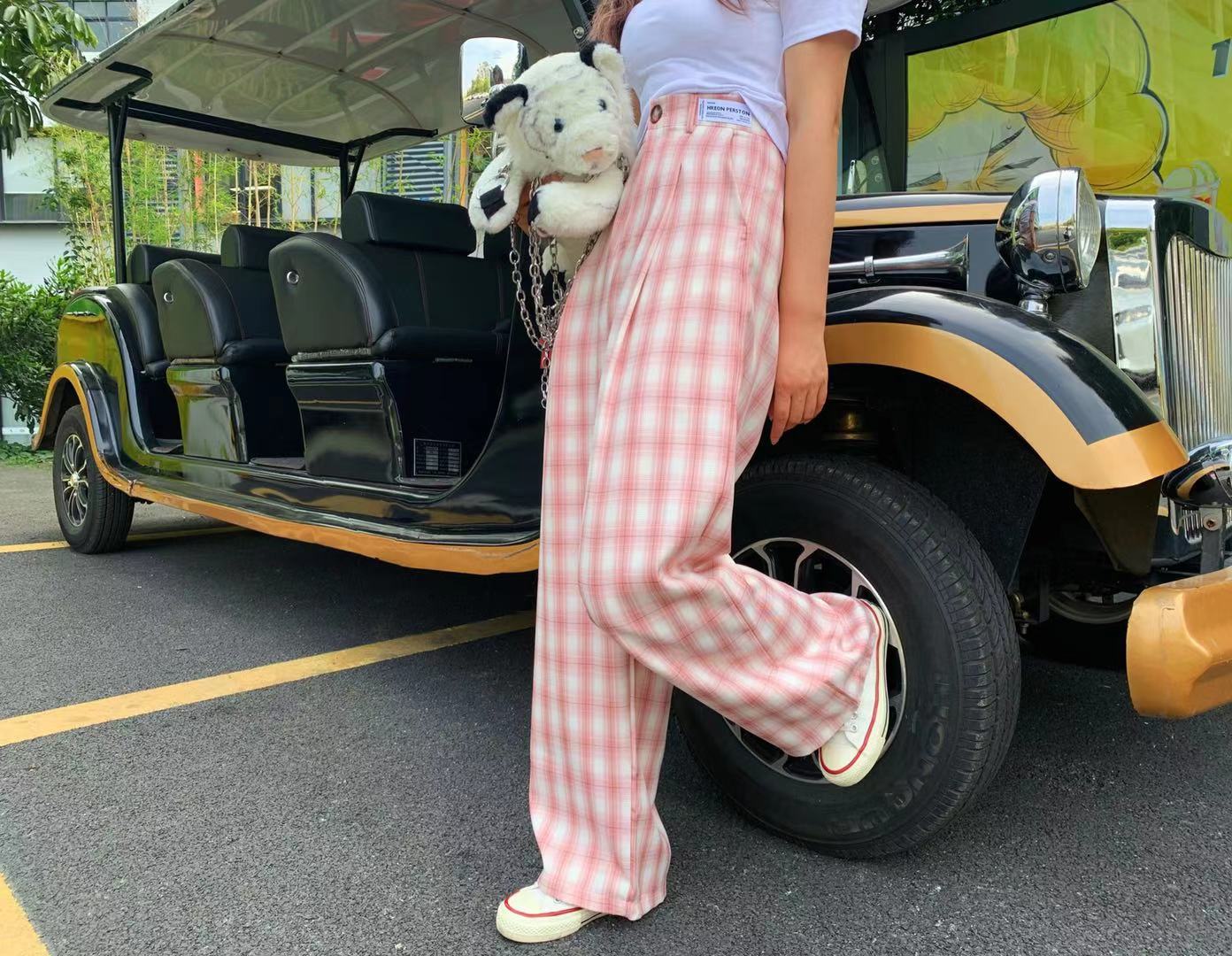 fly自制 2021夏季新款格子阔腿裤 ins港风高腰收脚裤潮人休闲裤女