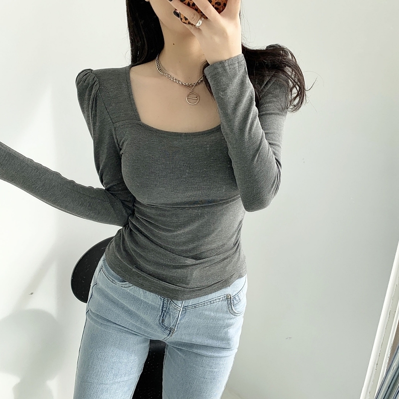 C0906实拍#大u领垫肩打底衫女春季锁骨方领短款上衣内搭磨毛t恤