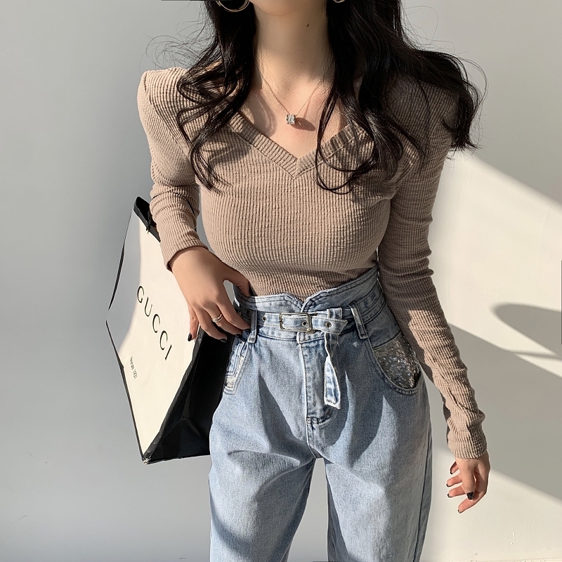 实拍#螺纹v领打底衫女内搭2021春季新款性感锁骨修身上衣长袖t恤