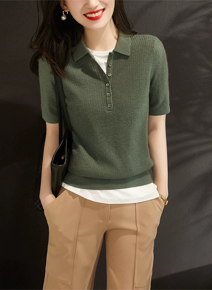 2021年夏薄款半开领短袖打底宽松简约百搭针织衫女韩版翻领t恤