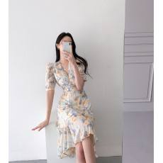 批发有货 韩国chic夏新款水墨印染V领褶皱<b class='q'>雪纺</b>中长款连衣裙