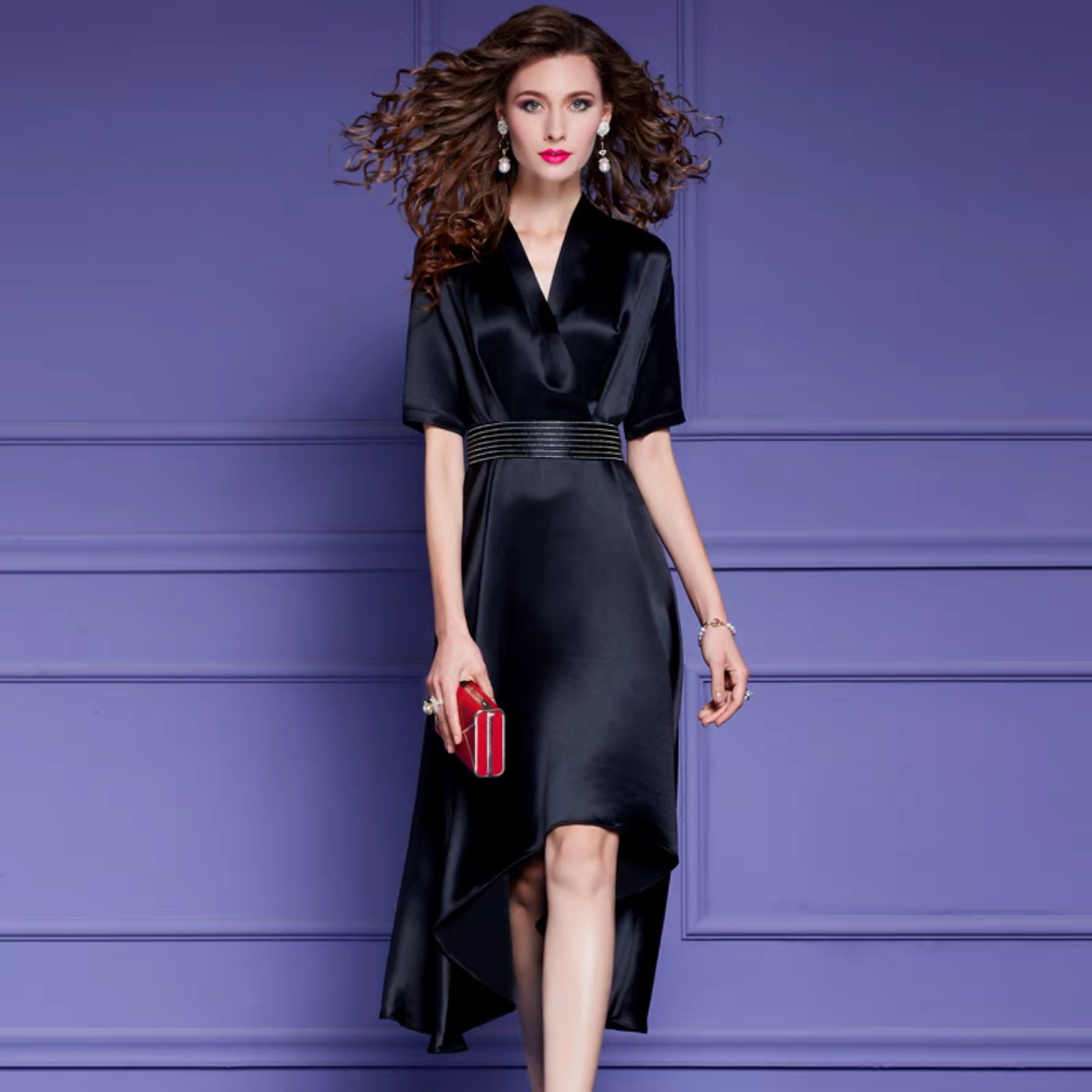 缎面醋酸连衣裙女2021年夏装轻奢气质v领收腰设计感中长裙