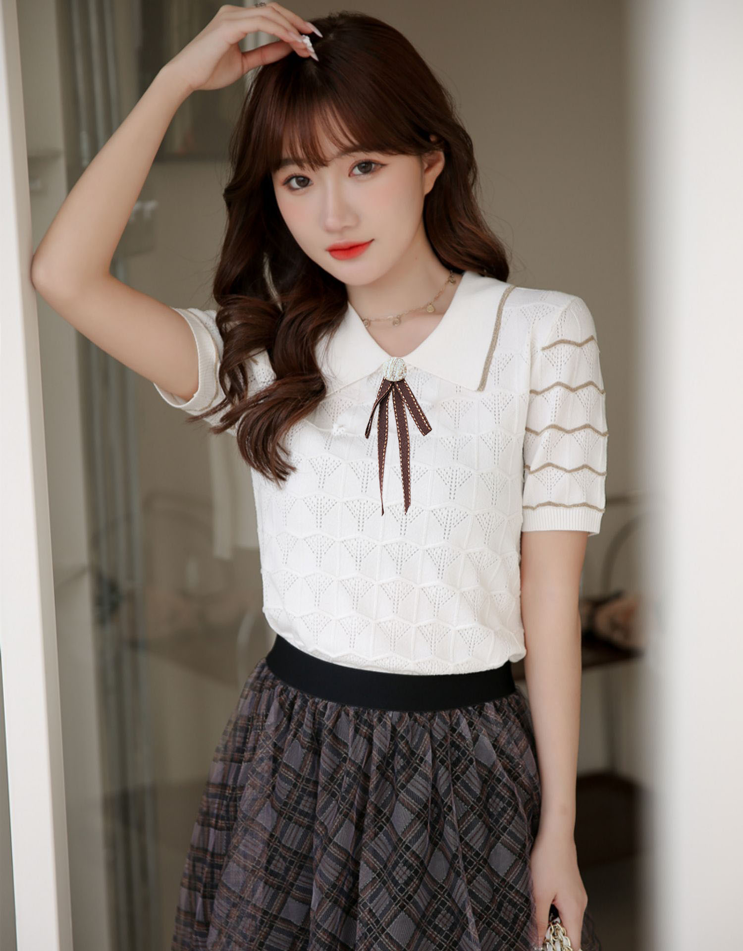 2021夏装新款翻领薄冰丝针织衫女韩版气质修身短袖上衣