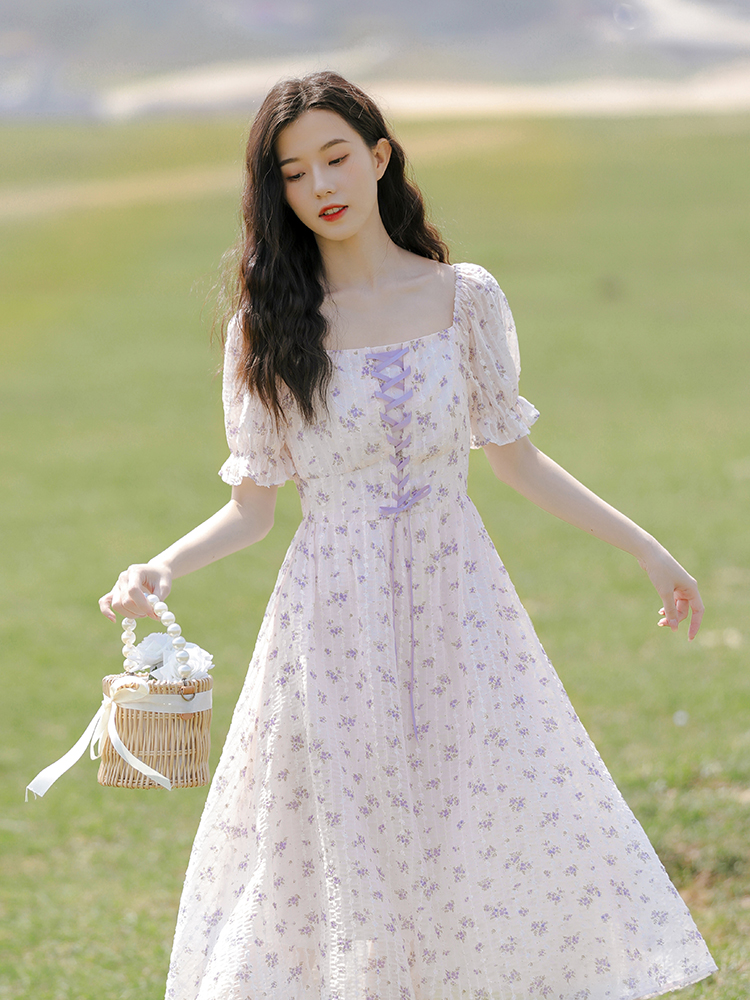 裙子女夏长裙温柔风仙女茶歇裙泡泡袖法式初恋甜美雪纺碎花连衣裙