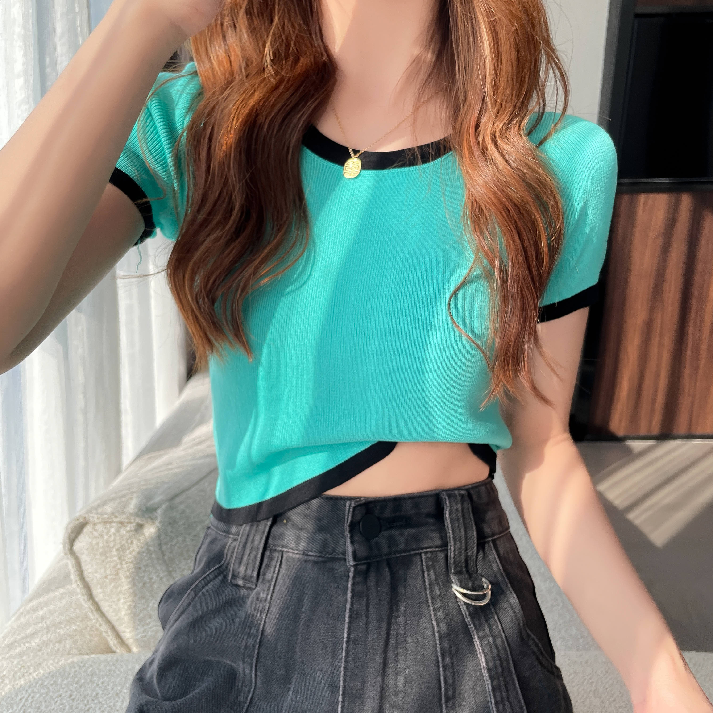 实拍实价 韩版短袖t恤撞色圆领显瘦针织短款上衣女